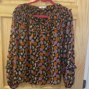 MNG Floral Ruffle Tie-Neck Blouse - Purple & Orange